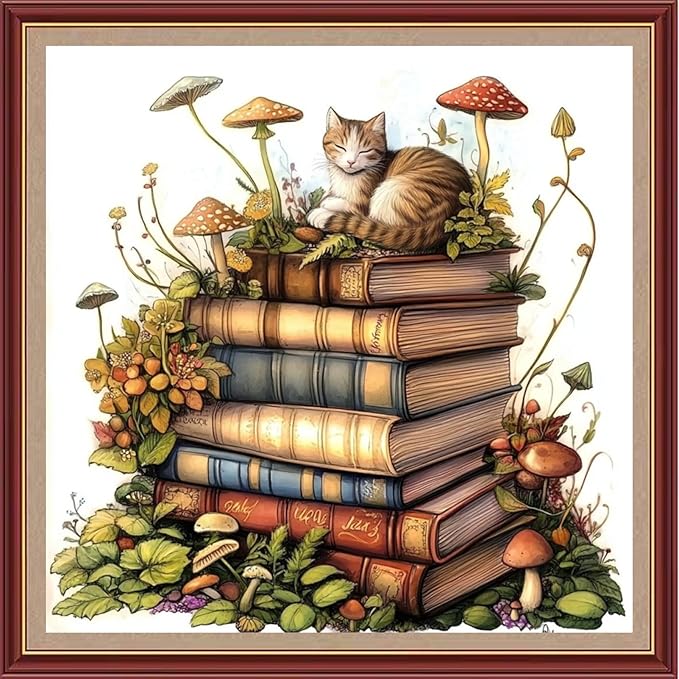 DMCXART Counted Cross Stitch Kits for Adults Needlepoint Kits Unprinted Cross Stitching Embroidery Kit 11CT Cross Stitch Supplies-Cat Books Flowers 18x18 inch