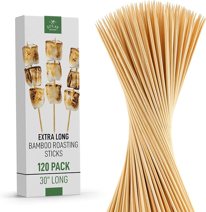Zulay Kitchen Authentic Bamboo Marshmallow Smores Sticks - 30" Extra Long 5mm Heavy-Duty Bamboo Skewers - Ideal for Grilling & Camping