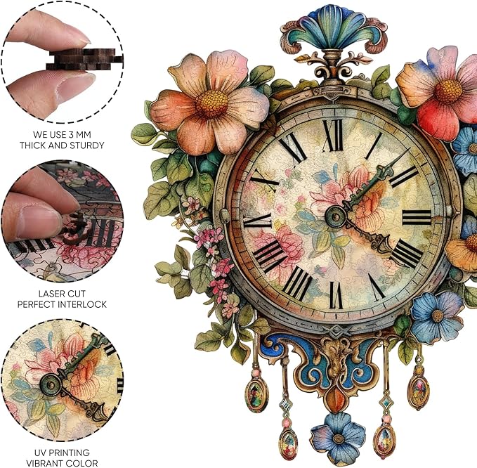 Wooden Jigsaw Puzzles 500 Pieces, Flower Clock Wooden Puzzles for Adults, 18.5'' x 16'' Unique Shaped Wood Puzzle, Beautiful Package, Best Gift for Adults and Kids, Family Game
