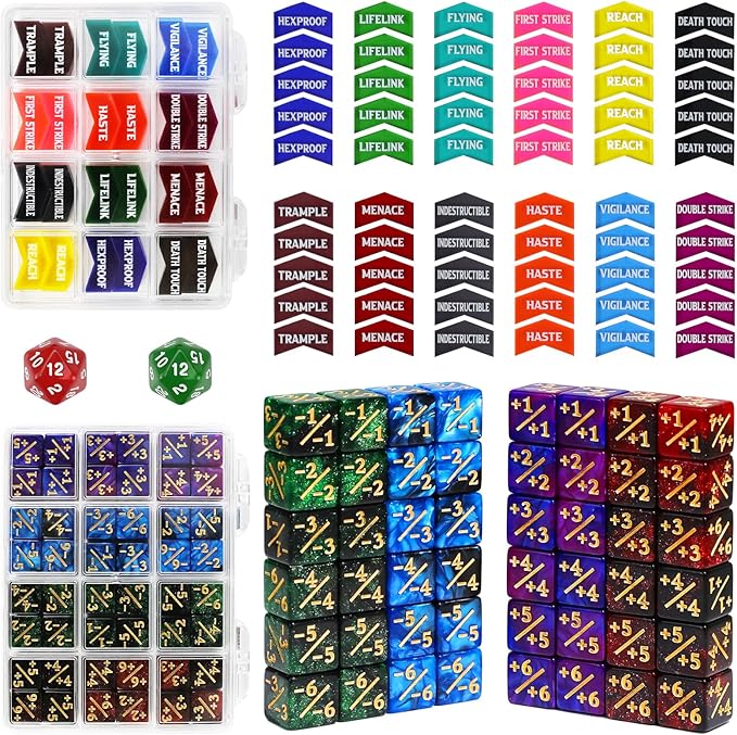 110PCS MTG Tokens & 12mm Life Counter Dice Set for Magic The Gathering with Box, Bulk Ability MTG Tokens D20 Loyalty 6 Sided Dice, Compatible with TCG CCG Magic Card Gaming Accessories