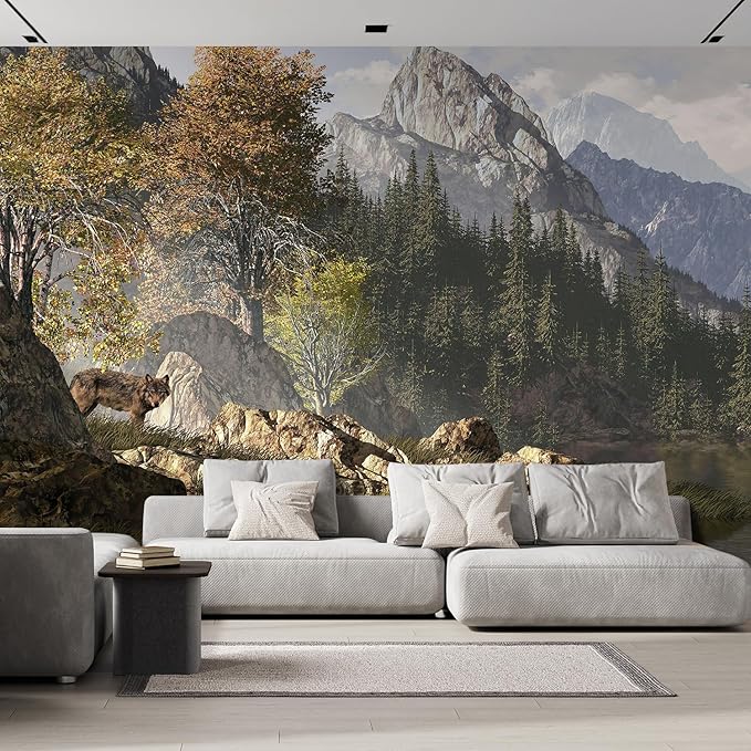 wall26 Wall Sticker/Wall Mural Wolf Near a Lake in a Rocky Mountain Landscape, Not Peel and Stick, Non-Woven Wallpaper Decorative for Bedroom, Living Room, Office - 132x192 inches