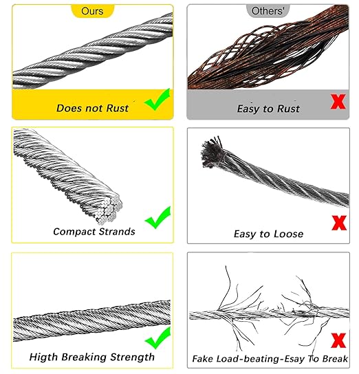 1/8 Inch Stainless Steel Wire Rope Cable Kit,100 ft Length 1/8“ Wire Cable 7x7 Strands with Sleeves, Thimbles, Clips, for Climbing Plants, Deck Railing, Fencing, Outdoor Hanging