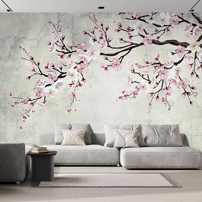 wall26 Large Wall Mural Watercolor Style Ink Painting Pink Cherry Blossom on Vintage Wall Background | Self-Adhesive Vinyl Wallpaper/Removable Modern Wall Decor - 96x120 inches