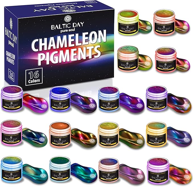 BALTIC DAY - Chameleon Mica Powder, 16 Jars of Color Shift Mica Powder Set - Epoxy Resin Color Pigment - Chameleon Powder - Holographic Mica - Resin Pigment