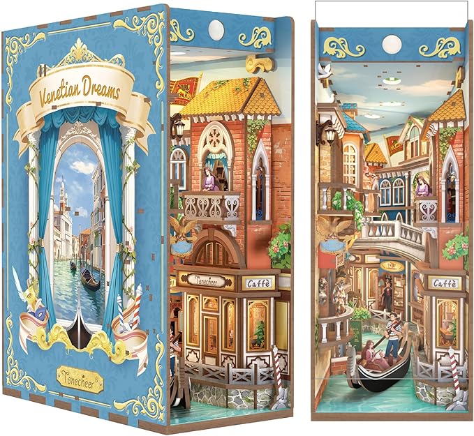 Tonecheer DIY Book Nook Kit for Adults, 3D Wooden Puzzle Bookend Miniature House Kit, Booknook Bookshelf Insert Decor with Dust Cover and LED Lights Gifts (Venetian Dreams)