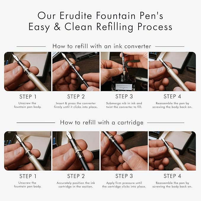 Wordsworth & Black Fountain Pen Set, 18K Gilded Broad Nib, Includes 6 Pack Ink Cartridges, Ink Refill Converter & Gift Box, Gold Finish, Calligraphy, [Silver Gold], Perfect for Men & Women