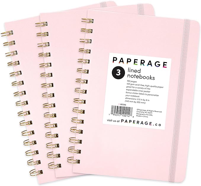 PAPERAGE Lined Spiral Journal Notebook, (Blush), 3 Pack, 160 Pages, Medium 5.5 inches x 8 inches - 100 GSM Thick Paper, Hardcover, Double-Wire Spiral Journal & Notebook