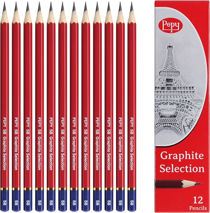 Pepy Graphite Professional Drawing Pencils - Set of 12 5B Pre-Sharpened Black Lead Pencils; Perfect for Drawing, Sketching and Shading, Graphic and Fine Art