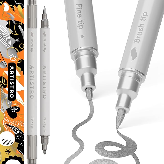 ARTISTRO 2 Silver Dual-Tip Acrylic Paint Pens - Multisurface Metallic Markers for Glass, Rock, Fabric, Wood, Plastic & More - 1 mm Fine & Brush Tips