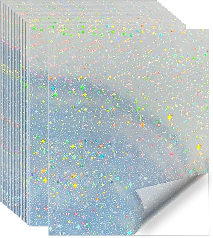 Printable Sticker Paper, 20 Sheets Printable Holographic Star Sticker Paper, Laser/Inkjet Printing- Holographic, Letter Size (8.5" x 11")