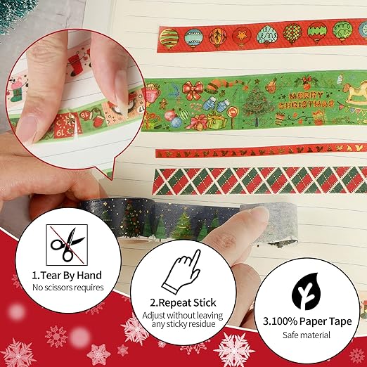16 Rolls Christmas Washi Tape Holiday Masking Tape 4 Sizes Red Green Christmas Wrapping Tape Glod Foil Decorative Tape for Christmas Scrapbook Journal DIY Craft Gift Wrapping（Christmas