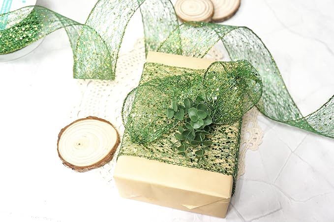CT CRAFT LLC Sparkling Glitter Mesh Wired Ribbon 4" x 10 Yards Green for Christmas Home Decor Bow Gift Wrapping DIY Crafts Wreath