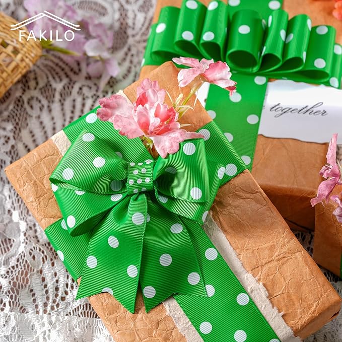 Polka Dot Grosgrain Ribbon 1.5 Inch, 25 Yards Spool Green and White Polka Dot Ribbon for Christmas Gift Wrapping DIY Crafts Hair Bows Wedding Party Decor Sewing and Home Decoration