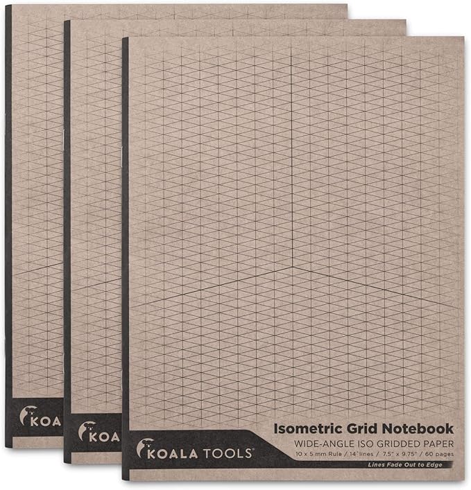 KOALA TOOLS | Isometric Graph Paper Notebook (3 pack) | 7.5" x 9.75", 60 pp. - Kraft Cover Isometric Grid Drawing Pads - Suitable for Industrial, Architectural, Interior Design