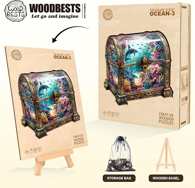 Wooden Puzzles for Adults, Treasure Chest Ocean Wooden Jigsaw Puzzle Fish 430 PCS Unique Shape Wood Puzzles Adult 3D Visual Effect Birthday Gifts for Puzzle Lovers Family Games (XL-17.3 * 16.7in)