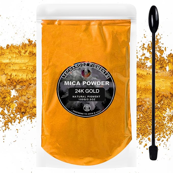 24K Gold Mica Powder Epoxy Resin, 100g/3.5oz Sealed Bag – TECHAROOZ Color Pigment for Lip Gloss, Soap Colorant for Soap Making, Gold Powder for Kintsugi Pottery, Metallic Epoxy, Slime Dye