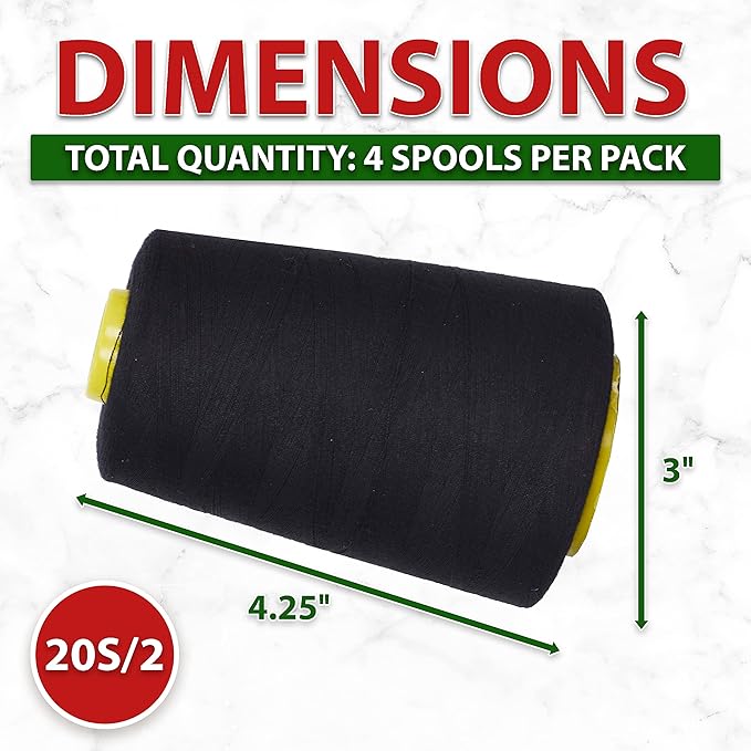 Mandala Crafts 4 Pack of Serger Threads Cones Spools - 20S/2 24000 Yards Polyester Black Threads for Sergers Machine and Overlock Quilting Sewing Machine
