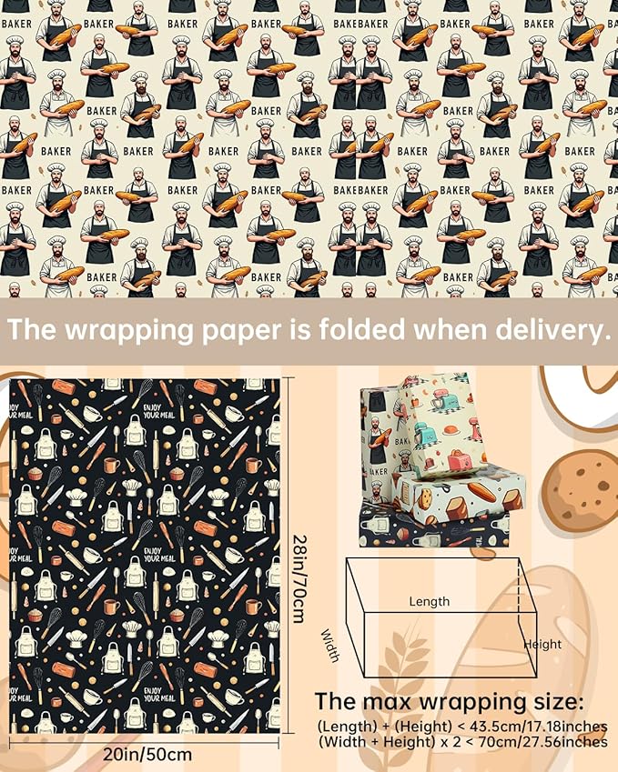 Pineraap 12 Sheets Baking Theme Wrapping Paper, Cute Baker Design Gift Wrap Paper with Croissant, Bread, Folded Flat Art Paper for Baking Lover, Baker, Birthday, DIY Crafts, 19.7 x 27.6 Inch