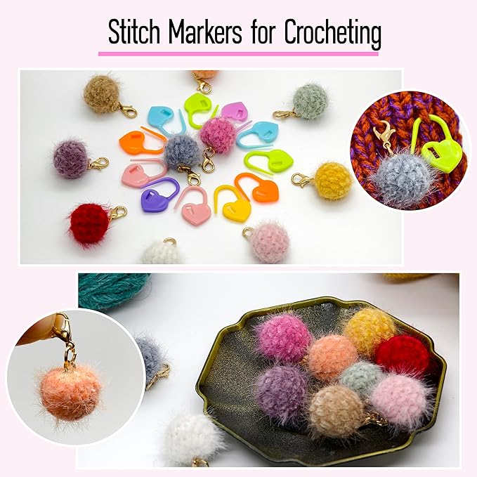 10 Pcs Cute Wool Ball Stitch Markers for Crocheting with Alloy Lobster Clasps & 20 Pcs Heart-Shaped Knitting Markers,for Knitting & Crochet Supplies,Suitable for Various Yarn thicknesses.