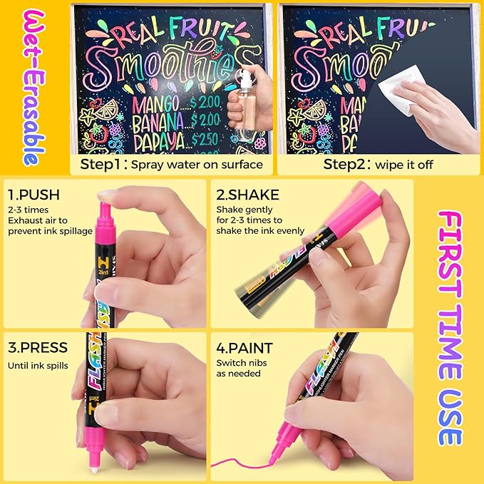 SFAIH 8 Vibrant Liquid Chalk Markers Erasable - 0.7-1mm Fine Tip Chalkboard Pens for Blackboards, Calendar, Acrylic Board, Glass, Signs, Mirror, Dust Free, Non-Toxic, With Highlighter Color Markers