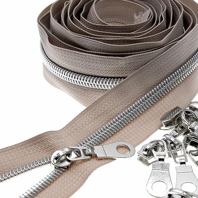 #5 Silver Teeth Metallic Nylon Coil Zippers by The Yard Bulk 10 Yards Beige Zipper Tape with 25pcs Silver Sliders for DIY Sewing Tailor Craft Bag Luggage Sofa Zipper Leekayer (Beige)