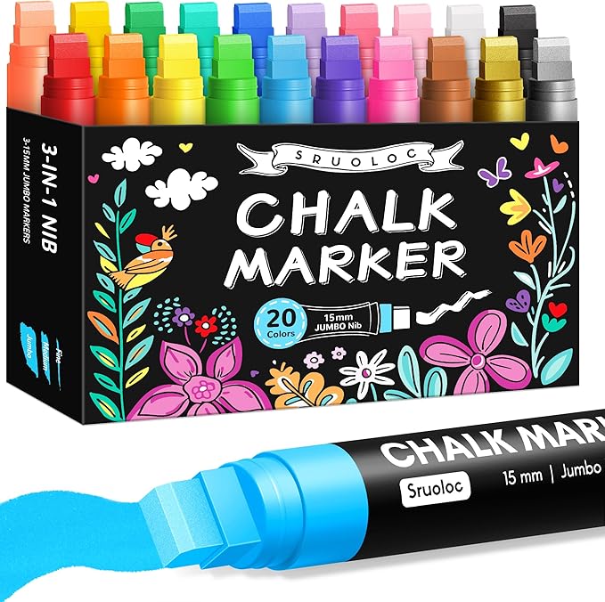 Window Chalk Markers for Glass Washable, 20 Colors Jumbo Liquid Chalk Marker with 15mm 3 in 1 Nib Thick Wide Tips, Big Chalkboard Markers, Car Paint Pen for Auto, Bistro, Mirror, Poster, Blackboards