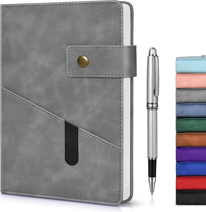 Grey A5 Lined Leather Journal Notebook for Men Women,5.9" X 8.4" Personalized Hardcover Journal with Pen,200 Pages 100 Gsm Thick Ruled Paper Daily Diary for Travel,Business,Work,Writing