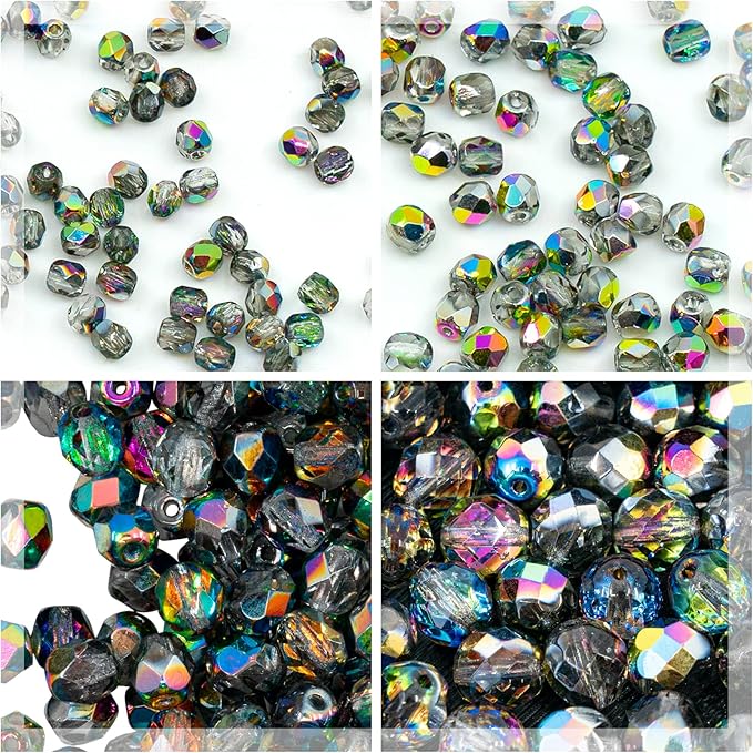 275 pcs Set of Czech Faceted Glass Beads, Fire-Polished Round Crystal Vitrail - 3mm (100pcs), 4mm (100pcs), 6mm (50pcs), 8mm (25pcs) kit for Jewelry Making