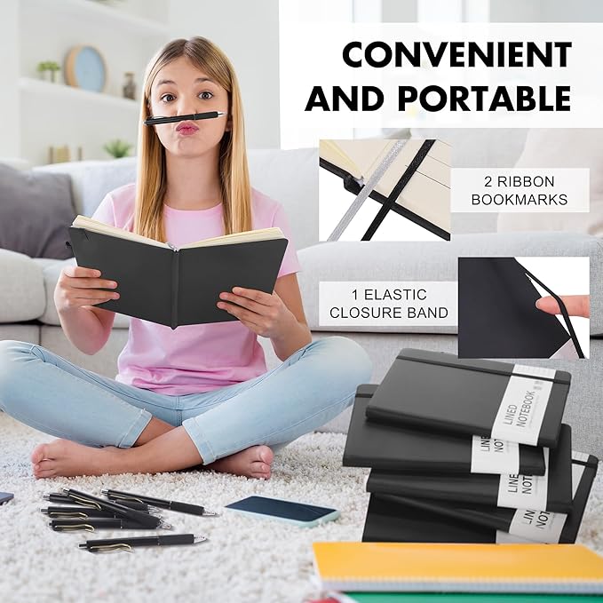 Aodaer 30 Set Lined Notebook Journals with Pens A5 Notebooks 100 GSM College Ruled Hardcover Notebook PU Leather Notepad with Pen Holder for Office School, 5.7 x 8.3 Inches, Black