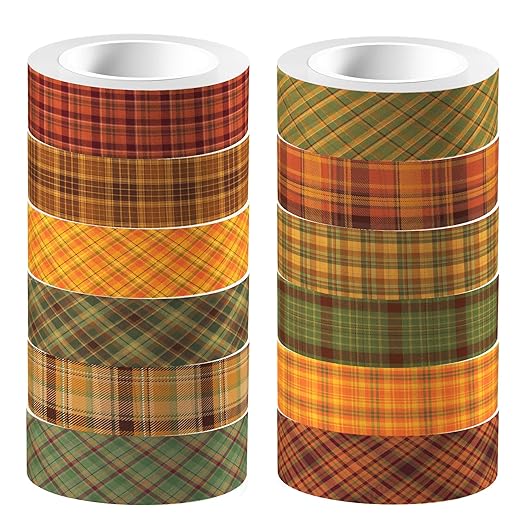 12 Pcs Thanksgiving Washi Tape Plaid Pattern Masking Tape Decorations Thanksgiving Decorative Paper Sticker for Vintage Journals, Planners, DIY Craft Gift Wrapping