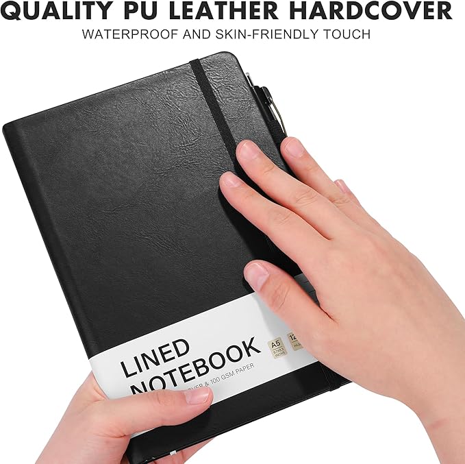 Aodaer 1 Set Lined Notebook Journal with Pen A5 Notebooks 100 GSM College Ruled Hardcover Notebook PU Leather Notepad with Pen Holder for Office School, 5.7 x 8.3 Inches, Black