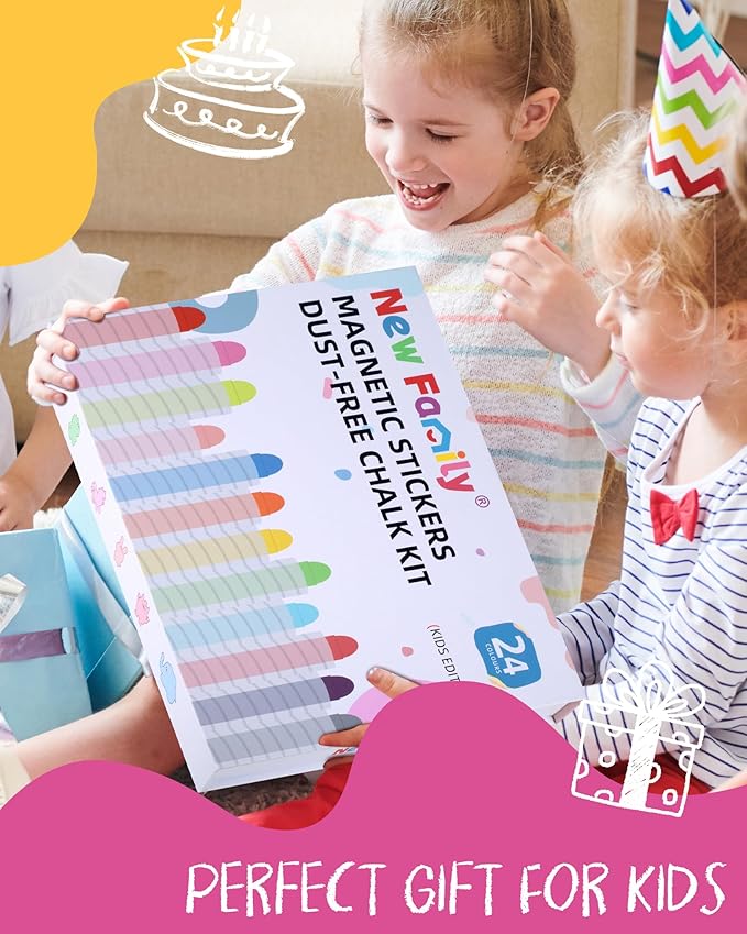NewFamily Kids Art Chalk Set - 24 Color Dustless Chalk with Cute Magnetic Drawing Board, Creative Gift for Boys and Girls