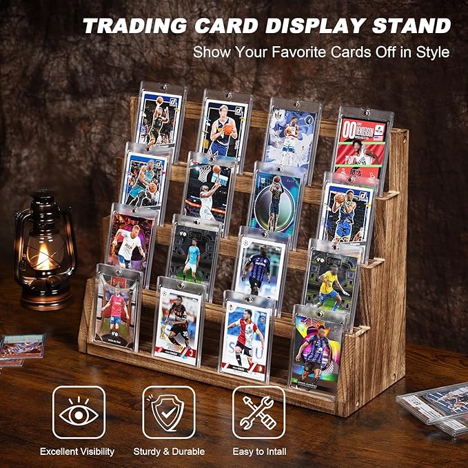 Emfogo Card Display Stand, 4-Tier Trading Card Display, Wooden Graded Baseball Sports Card Display, Trading Card Display Case for Card Collection & Show (Brown)