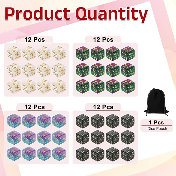 uxcell 48Pcs Magic Dice Counters, Acrylic D6 Life Token Dice Set with Pouch for Standard Cards Gaming Accessories, White Marble, Black Marble, Green & Purple, Blue & Purple