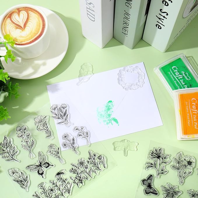 Whaline 5 Sheets Wildflower Clear Stamps Floral Leaves Butterfly Silicone Transparent Stamps for DIY Craft Card Making Scrapbooking Embossing Album Decor