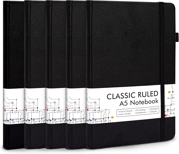 5 Pack Journal Notebook Bulk for School, Feela Hardcover Business Notebooks Classic Ruled Lined Journals with Pen Holder for Work Note Taking, with 5 Black Pens, 120 GSM, 5.1”x8.3”, A5, Black