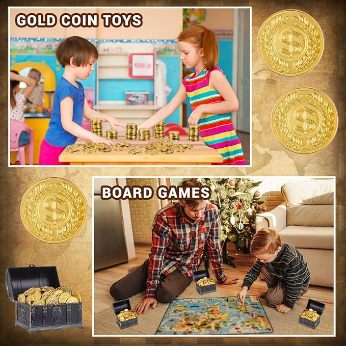 Hanaive 100 Pcs Plastic Gold Coins Fake Pirate Play Coins Spanish Doubloons St. Patrick's Toy for Kids Pirate Party, Treasure Hunt Board Game and Party Favors(Classic)