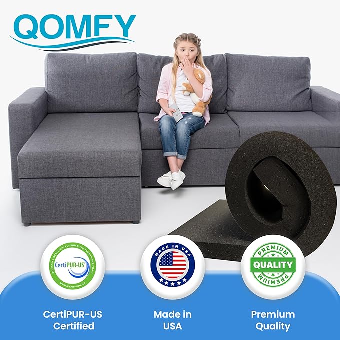 QOMFY 1"" Height x 12"" Width x 48"" Length Charcoal Upholstery Foam Sheet | Made in USA | Multi-Purpose Foam for Upholstery, DIY, Packaging & Acoustic Projects, CHAR-1x12x48