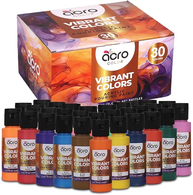 Acrylic Pouring Paint Set - 30 Basic, Neon, Metallic, and Pastel Colors - Easy To Use & Ready To Pour Acrylic Paint for Canvas, Paper, Wood, and More - 2 Ounce Bottles