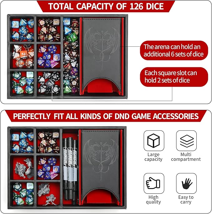 DND Dice Tray and Tower: Portable Dice Storage with Lid for Dungeons and Dragons, D&D, RPG, MTG & Table Games (Red)