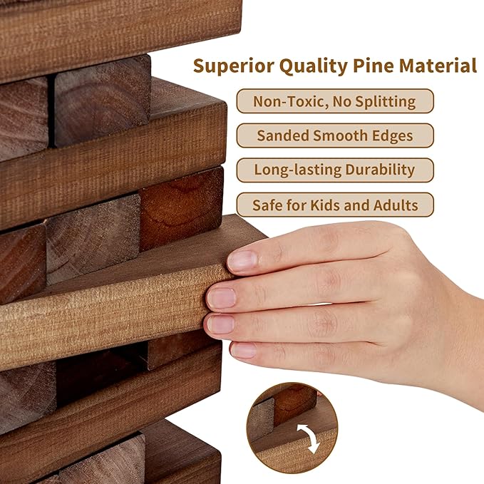 ApudArmis 54 PCS Tumble Timber Set Up to 3.2FT, Pine Wooden Tumble Tower Game with Dice and Scoreboard Set - Classic Block Stacking Board Game for Adults Teenagers (Brown)
