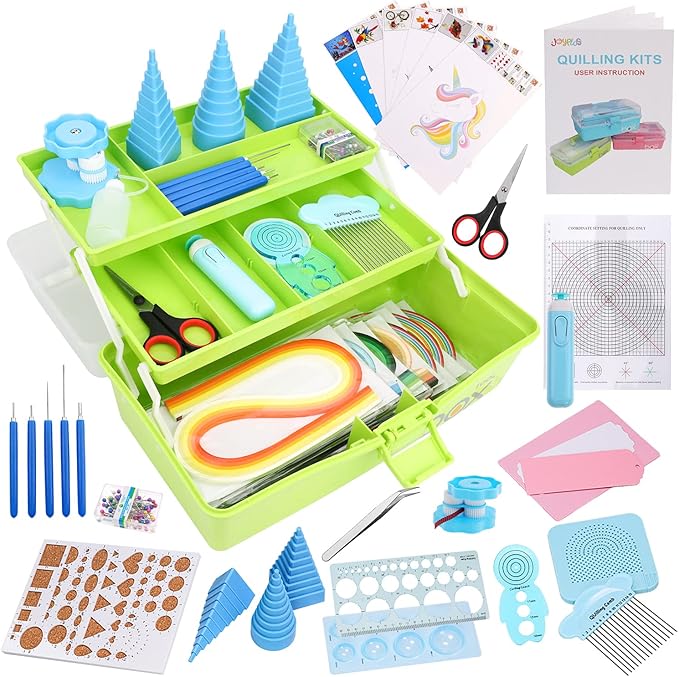 JoyPlus Quilling Kits for Beginners with Manual, 24 Tools & Supplies with Durable Storage Box, Updated Paper Crimper Tool, Premium Husking Board & Electronic Pen Green
