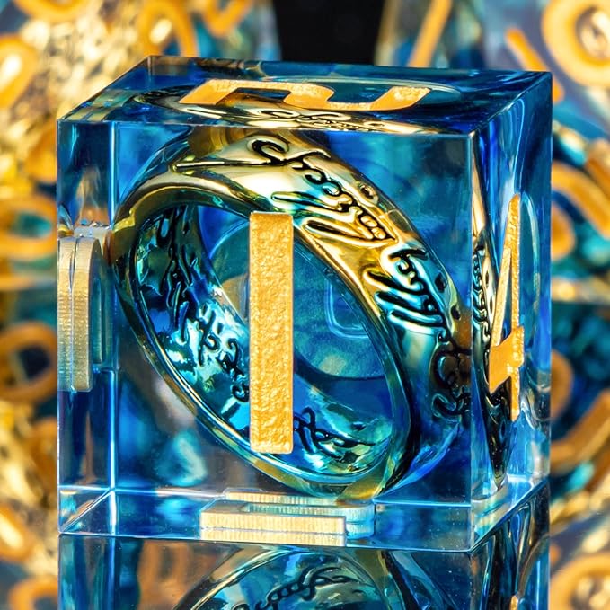 OUKELANWO Magic Lord Rings DND Dice Set with Box, 7Pcs Resin LOTR D&D Dice Set for Role Playing Game, Blue Gold Dungeons Dragons D and D Sharp Edge Dice D20 D12 D10 D8 D6 D4