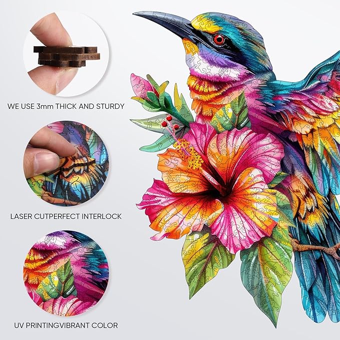 Wooden Jigsaw Puzzles -Hummingbird Wooden Puzzles for Adults, 500 Pcs King Size 17.3'' x 16.6'', Luxurious Shaped Wood Puzzle, Beautiful Package, Best Gift for Adults and Kids, Family Game