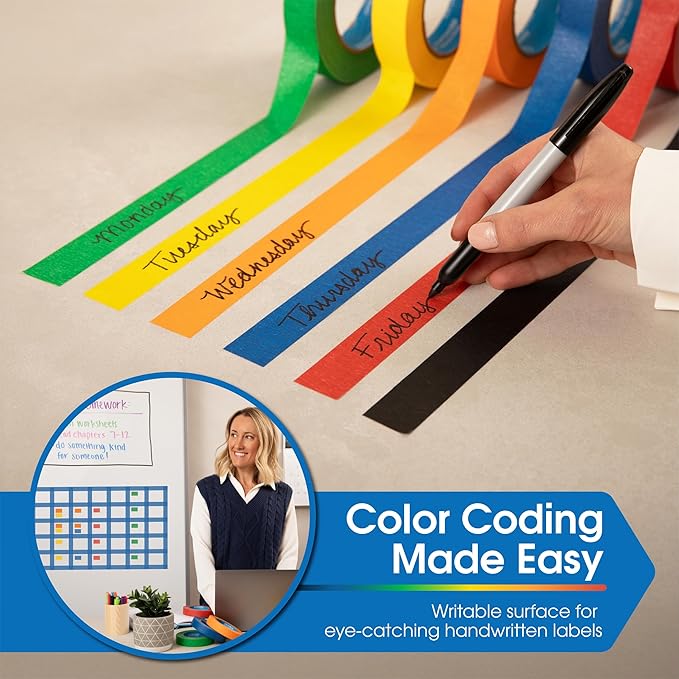 Spartan Industrial - 1" X 60 yd Black Masking Tape - 12 Colored Tape Rolls for Bundling, Labeling, and More - No Residue, 5.5 Mil