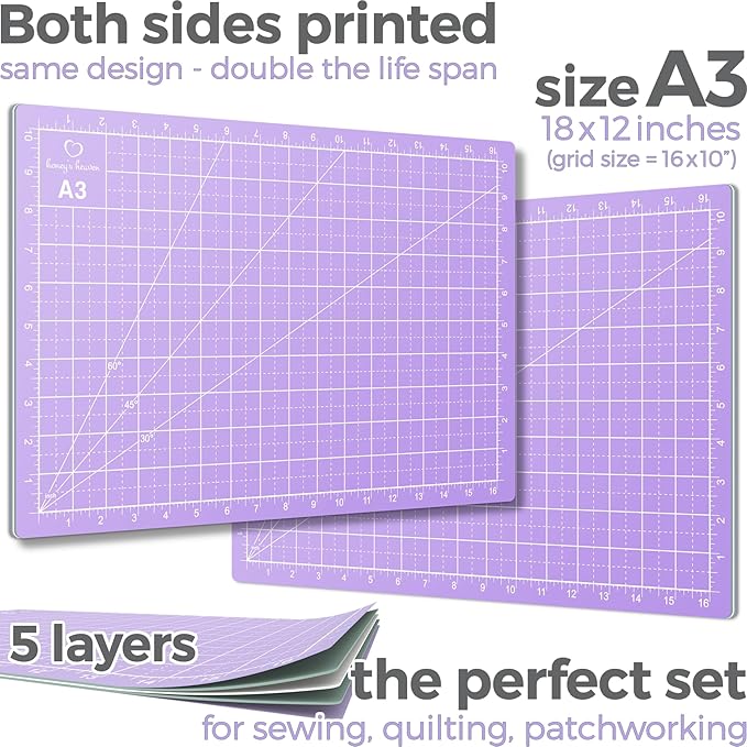 Rotary Cutter Set lavender - Quilting Kit incl. 45mm Fabric Cutter, 5 Replacement Blades, A3 Cutting Mat, Acrylic Ruler and Craft Clips - Ideal for Crafting, Sewing, Patchworking, Crochet & Knitting