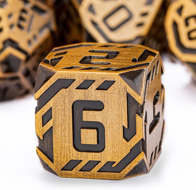 Metal DND Sci-fi Dice Set 7PCS Stripe Polyhedral Dice for Dungeons Dragons RPG Role Playing Game, Glitter D and D Dice with Gift Box D6 D8 D10 D12 D20 (Antique Gold)
