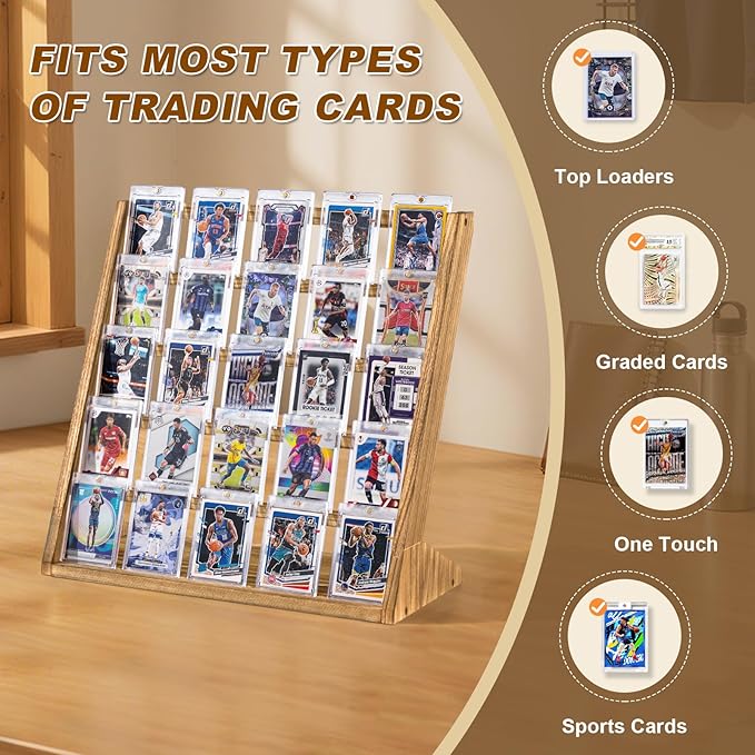 Emfogo Trading Card Display Stand, 5 Tier Sports Graded Card Display, Wooden Trading Card Display Stand for Soprts Card Collection & Show, Brown