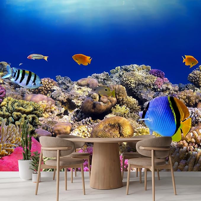 wall26 Wall Sticker/Wall Mural Tropical Blue Fish Coral Reef Ocean Seascape Nature Wilderness, Not Peel and Stick, Non-Woven Wallpaper Decorative for Bedroom, Living Room, Office - 99x96 inches