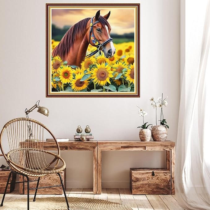 Hopeart Stamped Cross Stitch Kits for Beginner Embroidery Kits for Beginners Adults DIY 11CT Cross Stitch Patterns Needlepoint Kits Crossstitching Kits-Sunflower and Steed 18x18 inch